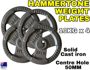 4 x 10kg Olympic Solid Cast Iron Hammertone Weight Plate 50mm Free Weights Disc Gym