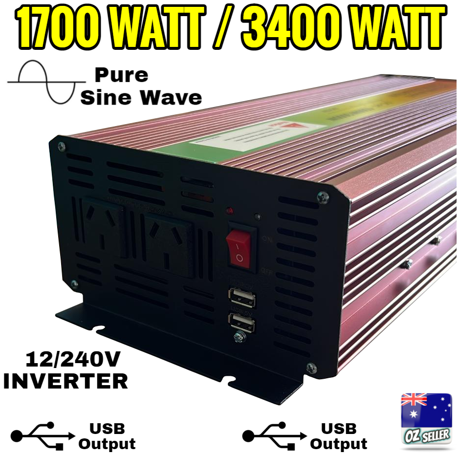 Pure Sine Wave Power Inverter 1700W/3400W DC 12V-240V Caravan Boat Converter