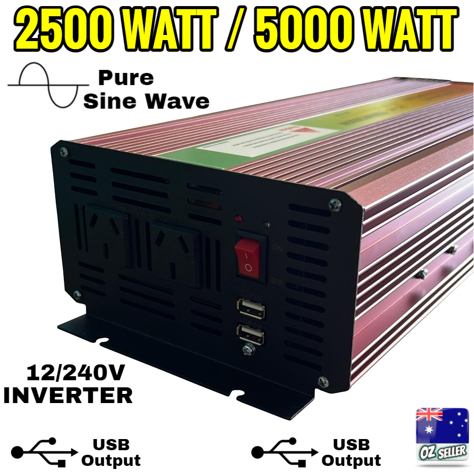 Pure Sine Wave Power Inverter 2500W/5000W DC 12V-240V Caravan Boat Converter