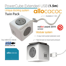 Load image into Gallery viewer, ALLOCACOC POWERCUBE Extended USB Grey 4 Outlets 2 USB 1.5M with CABLE (Twin Pack)
