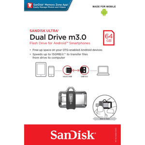 SANDISK OTG ULTRA DUAL USB DRIVE 3.0 FOR ANDRIOD PHONES 64GB 150MB/S  SDDD3-64G