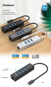 Simplecom CHN421 Aluminium USB-C to 3 Port USB HUB with Gigabit Ethernet Adapter Black